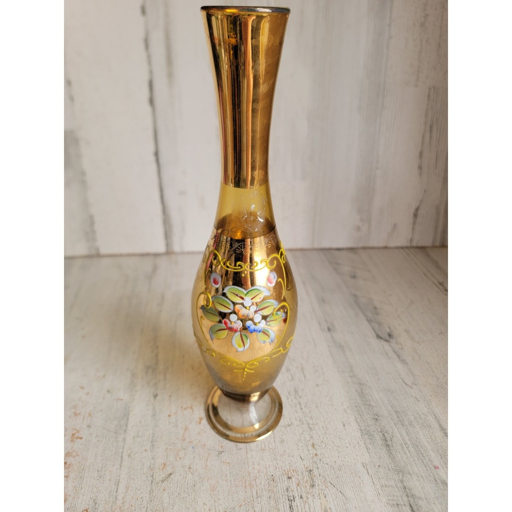 Vintage Bohemian Czech golden yellow vase flower floral glass Unique Home